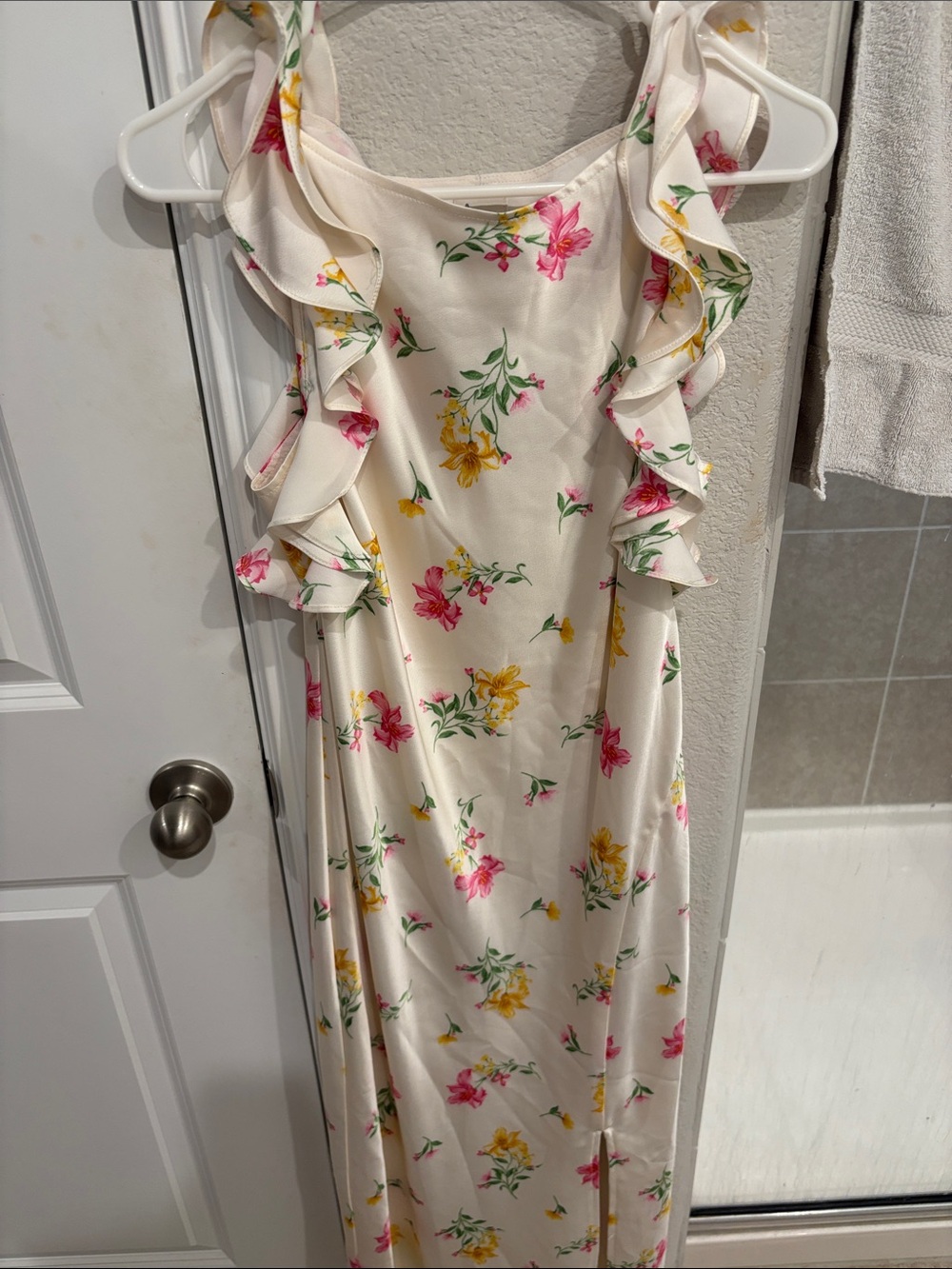 Women's Cream Floral Ruffle Maxi Dress
